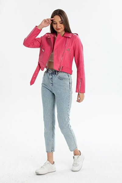 İLKCET MODA Γυναικείο μπουφάν με λεπτομέρεια με φερμουάρ ροζ Slim Fit