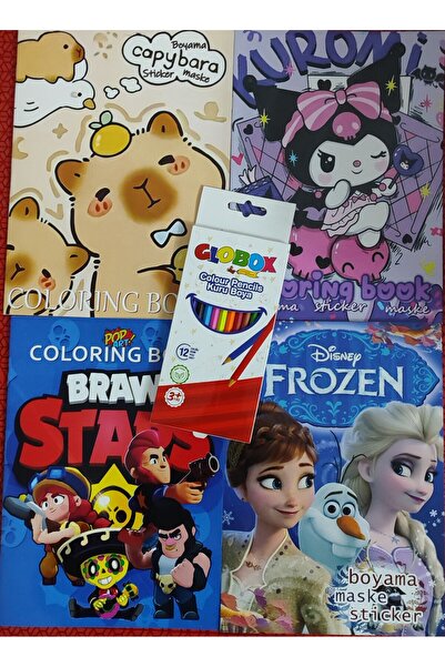 ada çanta kırtasiye 4 adet stickerli boyama kitabı ve 12 li kuru boya kalemi (Kuromi/capybara/brawlstars/elsa)