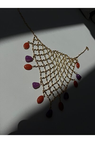 popcouturetr Etnik Gold Kolye Lila & Turuncu Kolye