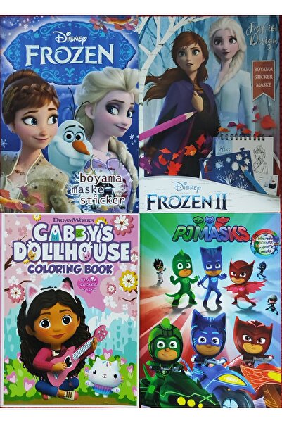 bundle island 4 adet stickerli boyama kitabı (FrozenII/elsa/gabbys/pijamaske figürlü)