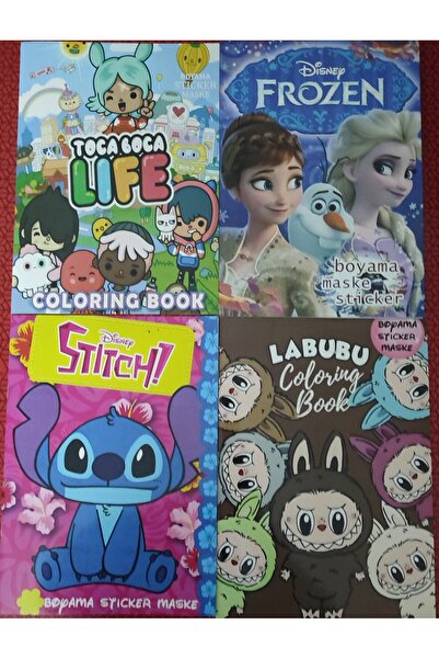 bundle island 4 adet stickerli boyama kitabı (Frozen,Labubu,stitch,toca boca figürlü)