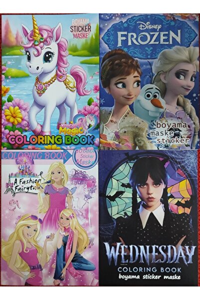 bundle island 4 adet stickerli boyama kitabı (barbie,elsa,wednesday,unicorn figürlü)