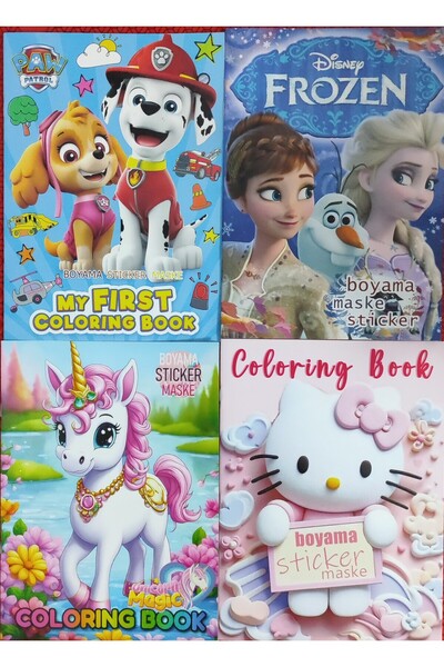 bundle island 4 adet stickerli boyama kitabı (hello kitty,elsa,paw patrol,uni...