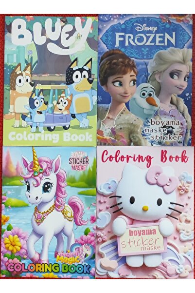 bundle island 4 adet stickerli boyama kitabı (unicorn,elsa',bluey,hello kitty figürlü)