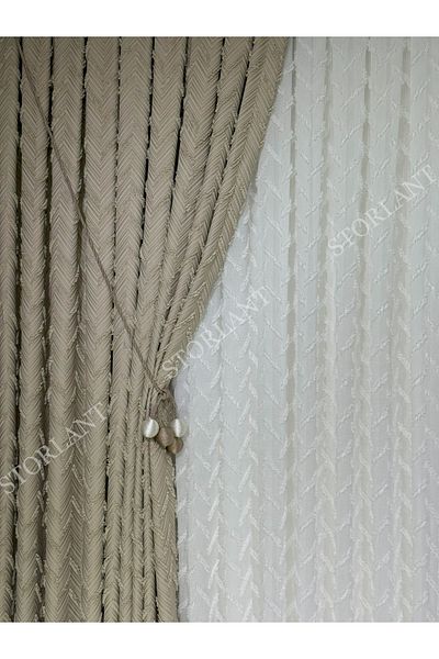 Storlant Puffy Herringbone Mink Patterned Linen Background Curtain L Product Regular Pleat L Accessory Gift L Single Wing