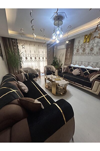 Tekstilsa Yeni Moda Lüks Kadife Süngelri Koltuk Çekyat Örtüsü (12PARÇE TAKIM 3,3,1,1) Siyah Rengi