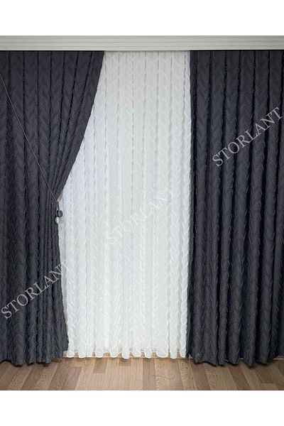 Storlant Puffy Herringbone Anthracite Patterned Linen Background Curtain L Product Frequently Pleated L Accessory Gifted L Single Wing