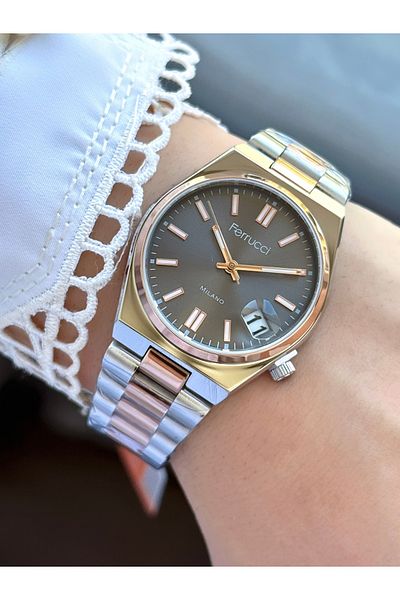 Ferrucci Black Dial Two Color Metal Band Unisex Wrist Watch with Calendar