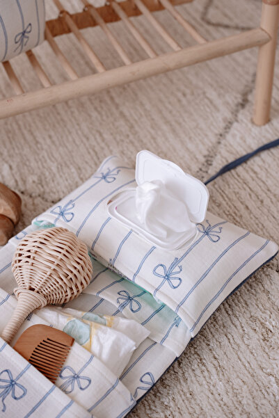 Atelier Babbi 100% Cotton Muslin Wet Wipes & Cloth Bag - Ribbon / Blue