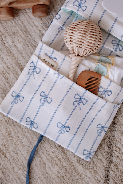 Atelier Babbi 100% Cotton Muslin Wet Wipes & Cloth Bag - Ribbon / Blue