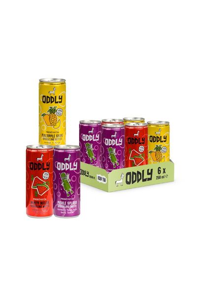 ODDLY Bu üçlü çok güçlü! Gaza gelmiş Turşu Suyu, Karpuz-Nane, Ananas-Mango Gazlı İçecek Kutu 250 ml 6 Adet