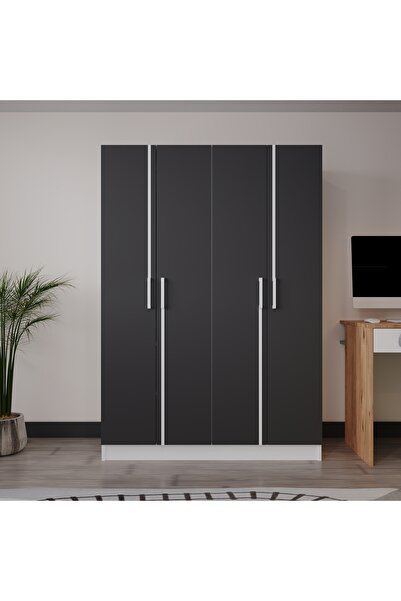 AZZURİ PİYANO 4 Kapaklı Dolap Genç Odası-Çocuk Odası Gardırop Antrasit-Beyaz