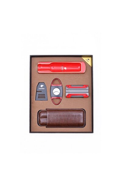 COHİBA Kırmızı 5'li Puro Seti – Çakmak, Makas, Küllük, Tüp ve Deri Kılıf - CST0238