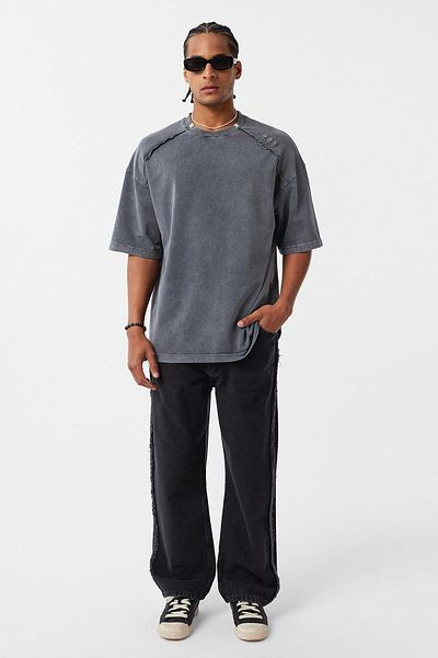 VAMOSCLO Washed Collar Detailed Oversize T-Shirt Black