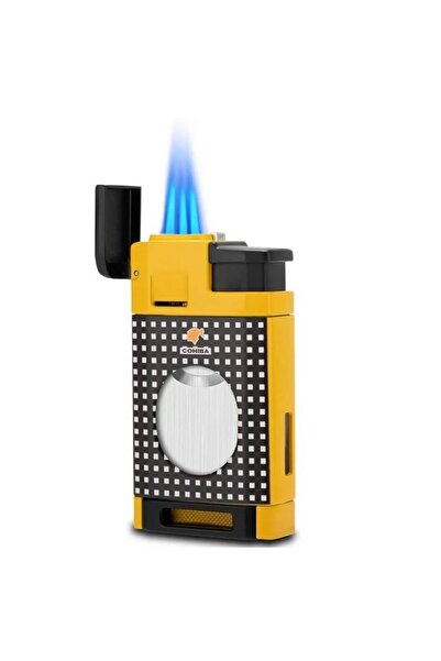 Genel Markalar 3 Jet Torch Alevli Sarı Puro Çakmağı Kesicili - CCM0650