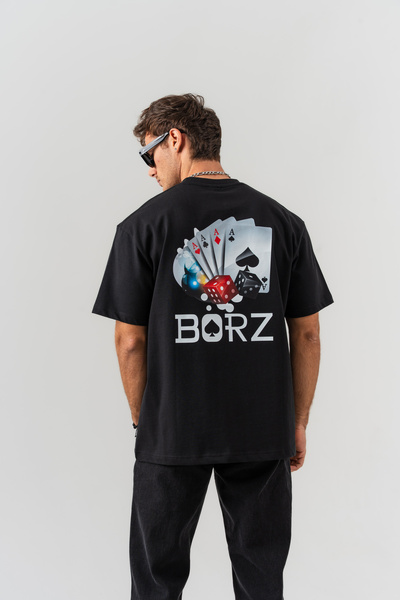 BORZ Men's Black Playing Card Back Print 100% Cotton Oversize Fit Crew Neck T...