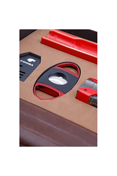 COHİBA Kırmızı 5'li Puro Seti – Çakmak, Makas, Küllük, Tüp ve Deri Kılıf - CST0238