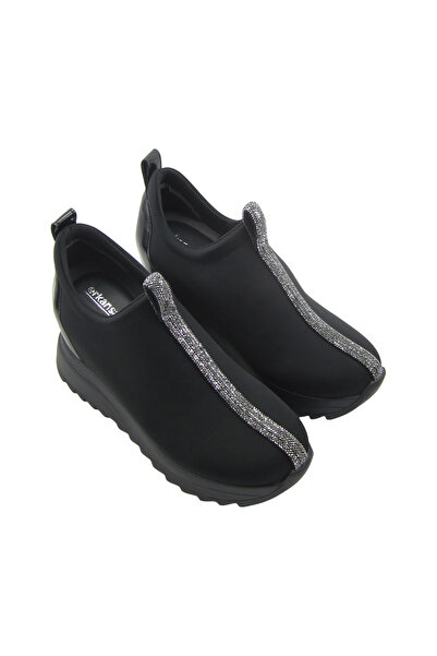 Erkan Saçmacı Luminita Black Silver Stone Hidden Wedge Heeled Casual Shoes
