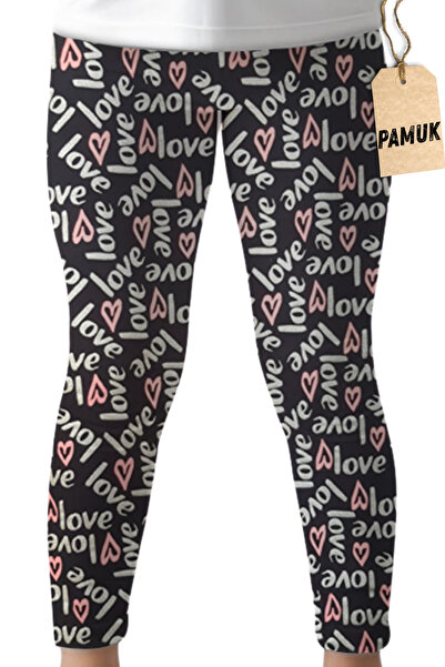 Dolce Destino Çocuk Tayt - Siyah Aşk Love Desenli Mevsimlik Likralı Pamuklu Kız Çocuk Tayt