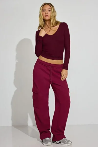Madmext Burgundy V-Neck Long Sleeve Camisole Body Mg2192