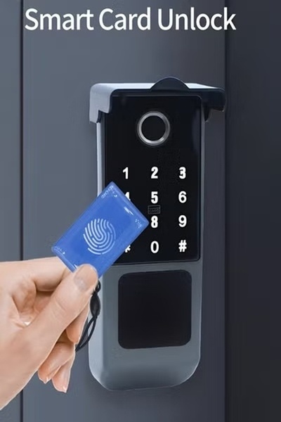 Taimi Smart waterproof door lock with fingerprint, password, IC card & Tuya app – for home & office.