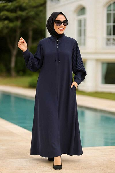 Neva Style Pile Detailed Navy Blue Hijab Abaya 45296L