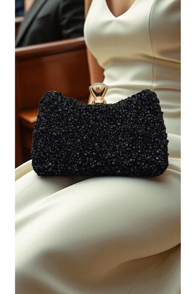 Jale Kadın Şık Kol Ve Omuz Clutch Portföy Altın kasalı Siyah Taşlı Abiye Çanta