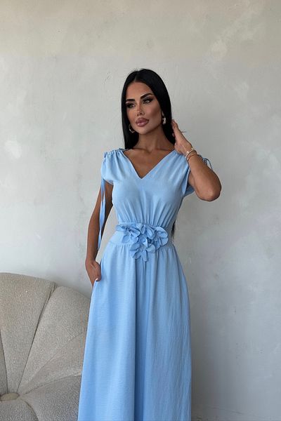 LİLA İSTANBUL V-Neck Shoulder Gathered Rose Detailed Summer Dress