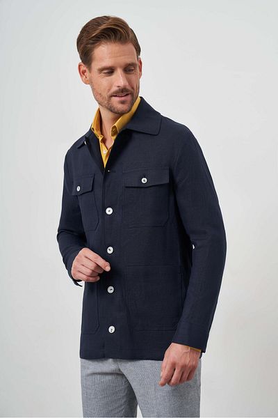 Morven Men's Navy Blue Linen Worker Shirt Coat