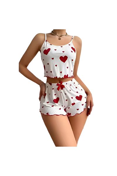 OEM Women's summer pajamas, short pants and top with hearts.