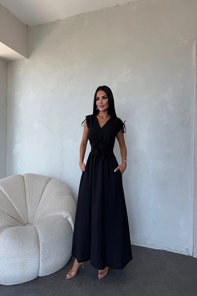 LİLA İSTANBUL V-Neck Shoulder Gathered Rose Detailed Summer Dress