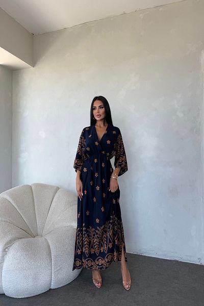 LİLA İSTANBUL Double Breasted Collar Patterned Summer Dress with Elastic Waist and Bat Sleeve Detail