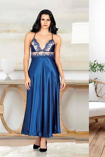 LOOMERİE 2981 Women's Saks Belly and Waist Open Transparent Thin Strap Long Fancy Nightdress
