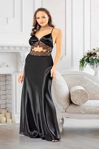 LOOMERİE 2976 Women's Black Navel Exposed Transparent Thin Strap Long Fancy Nightdress