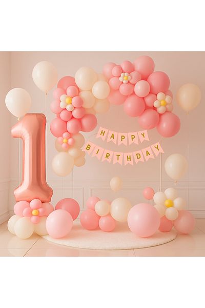 Ezgi Party Store 1 Year Old Figured Party Set Pink White Daisy Detailed Concept Birthday Ornament