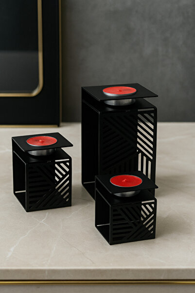 LUNOART 3’lü Metal Mumluk Seti – Geometrik Desenli Siyah Modern Dekoratif Mumluk