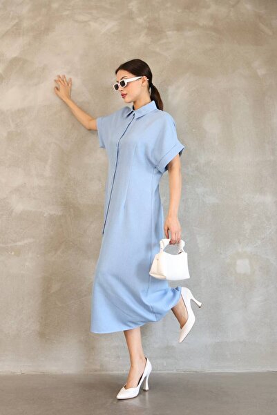 Genel Markalar T Kol Kemerli Düğmeli Keten Elbise Pembe Mavi Krem ve Siyah Renklerde