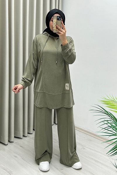 TRİPEN Summer Honeycomb Fabric Stitching Detailed Hooded Double Hijab Suit