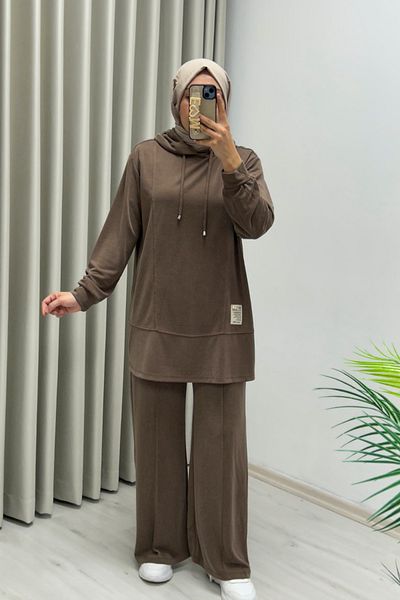 TRİPEN Summer Honeycomb Fabric Stitching Detailed Hooded Double Hijab Suit