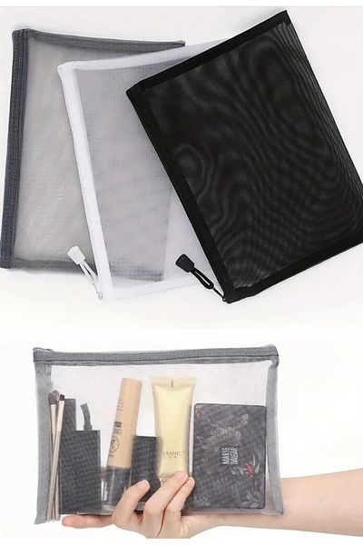 Pinkimaj 3-Piece Organizer Bag Makeup Bag 3 Colors Large Size Mesh