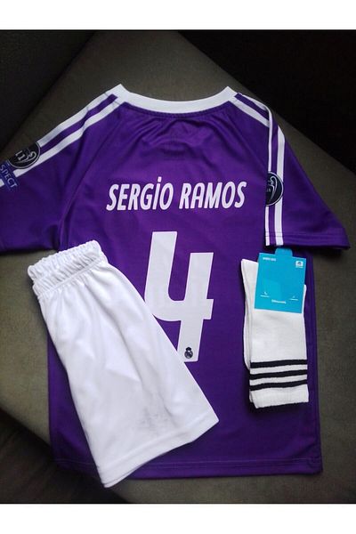 sinmm Sergio Ramos Rel Madrid 2017-2018 Season Purple Kids Jersey Wristband Socks Beside T-Shirt Jersey