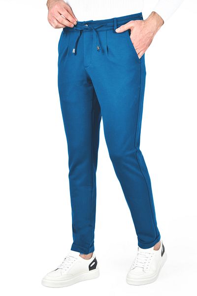 DeepSEA Men's Blue Elastic Waist Slim Fit Lycra Double Leg Combed Cotton Sports Trousers 2502385