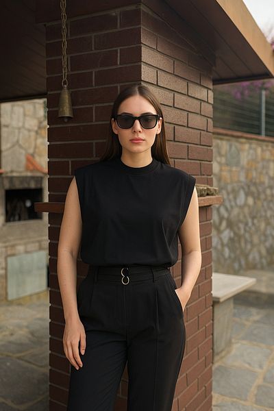 GUARAZ Women's Zero Sleeve Crew Neck 100% Cotton Oversized Sleeveless Kejıl T-Shirt