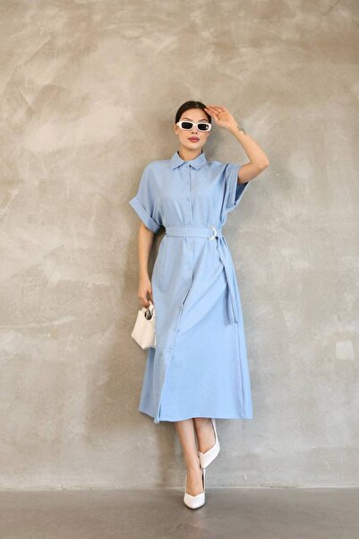 Genel Markalar T Kol Kemerli Düğmeli Keten Elbise Pembe Mavi Krem ve Siyah Renklerde