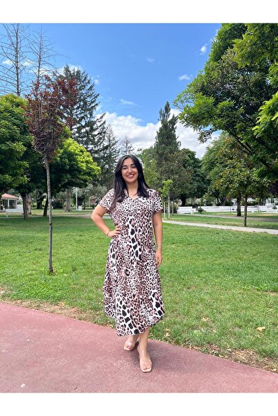 Sobe Hediyelik Leopard Print V-Neck Casual Summer Dress – Asymmetric Cut Compatible Size 38-50