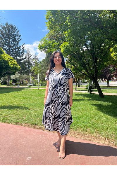 Sobe Hediyelik V-Neck Gray Patterned Loose Summer Dress – Asymmetrical Cut Compatible Size 38-50