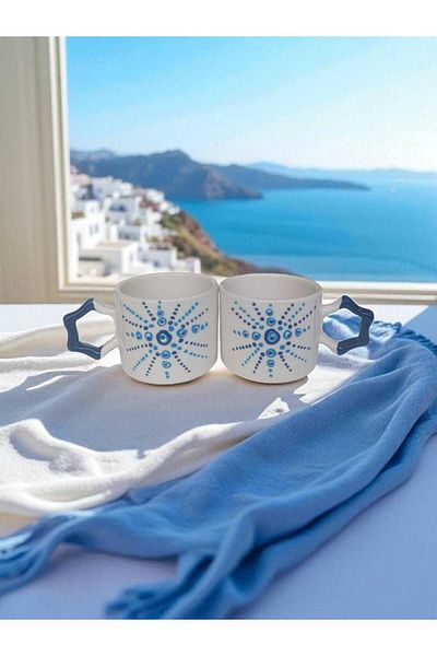 Saatistan Set of 2 Evil Eye Bead Embroidered Navy Blue Star Handle Handmade Ceramic Mug Mug Tea/Cappuccino Cup