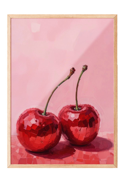 Zestia Tablou cu ramă din lemn, ilustrație minimalistă cu cireșe roșii, poste...