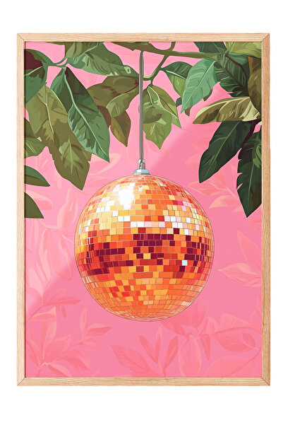 Zestia Tablou cu ramă din lemn, compoziție cu fructe tropicale roz și frunze,...