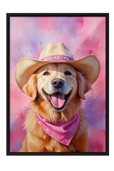 Zestia Tablou înrămat negru, câine cu pălărie de cowboy – portret amuzant, po...